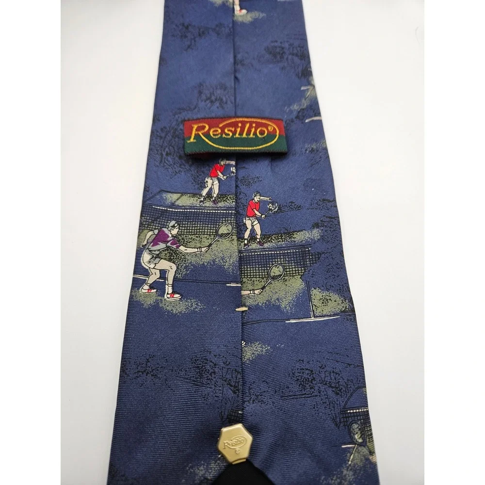 Resilio Mens Vintage Silk Tennis Novelty Tie Navy Blue Sports Print Made in USA